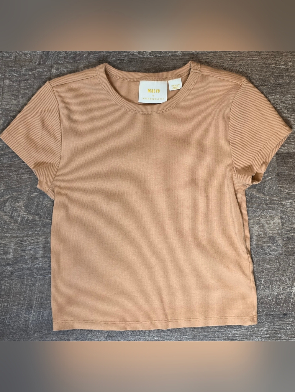 Anthropologie Maeve Short-Sleeve Ribbed Crop Top Womens M Cammel Minimalist Stre - Picture 6 of 11